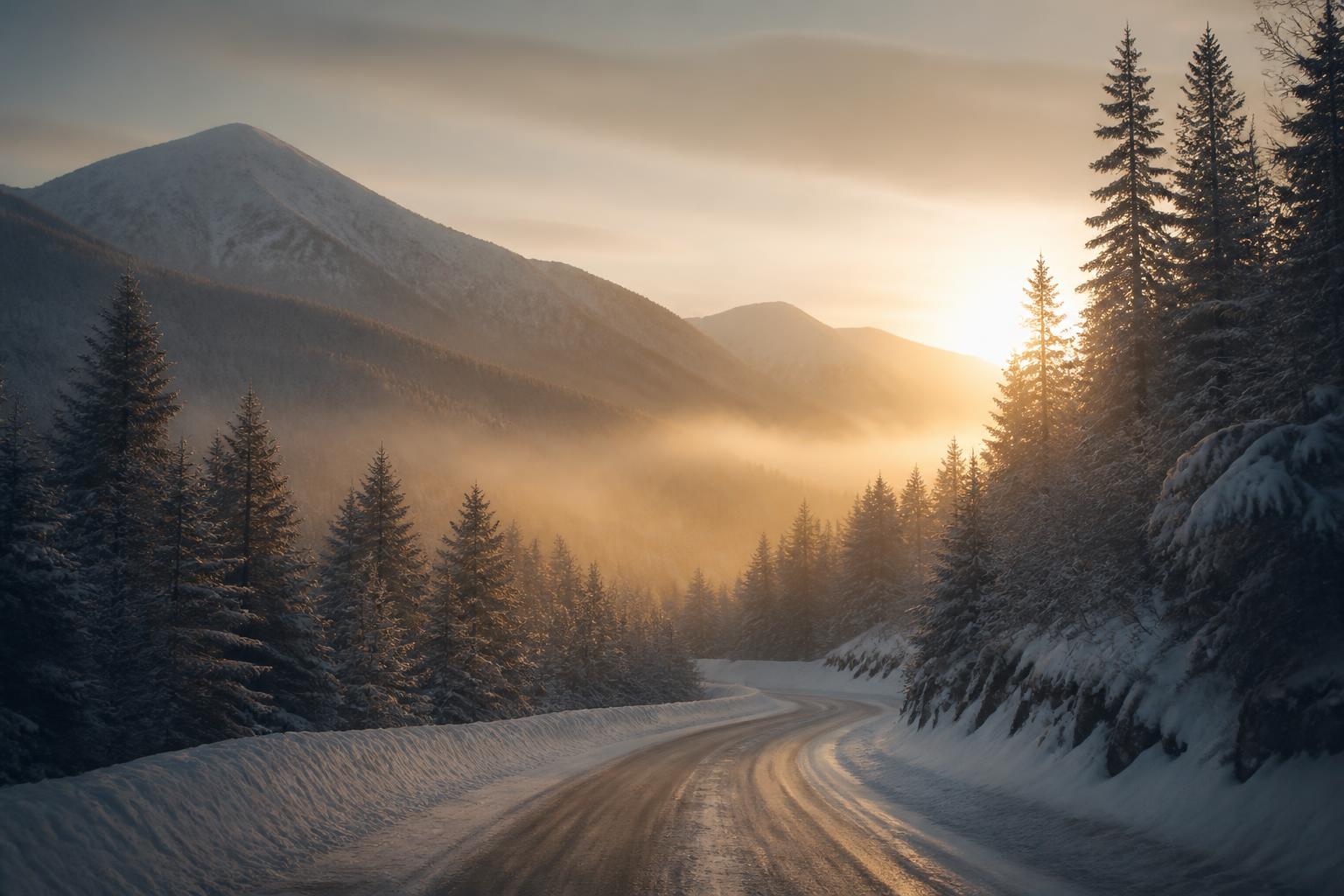 Snow-covered road winding through the White Mountains of New Hampshire at sunrise